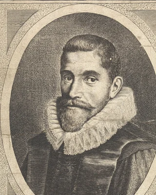 Willebrord Snellius, Kupferstich von 1625: ein Mann mit kurzem Haar, Schnurrbart und Kinnbart, mit einer großen weißen Halskrause, in einem ovalen Rahmen.