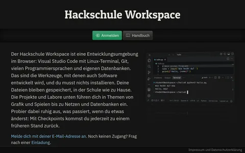 Die Startseite des Workspace mit einem kurzen Text, daneben VS Code mit einem kleinen Python-Programm im Terminal
