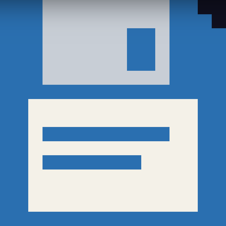 Eine blaue Diskette mit grauem Metallschieber und hellem Etikett, aus 16 mal 16 großen Pixeln.
