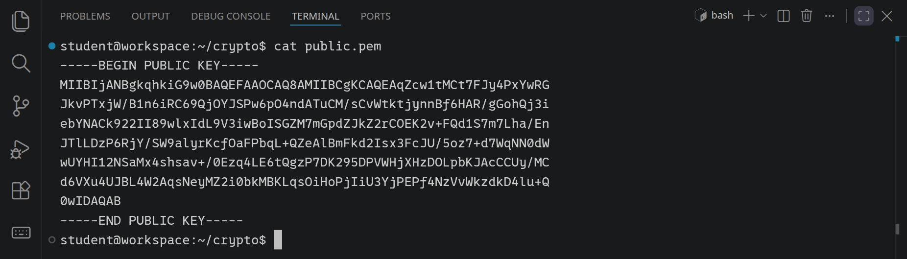 cat public.pem zeigt den öffentlichen Schlüssel: zwischen BEGIN PUBLIC KEY und END PUBLIC KEY sieben Zeilen aus Buchstaben, Ziffern, Plus und Schrägstrich.