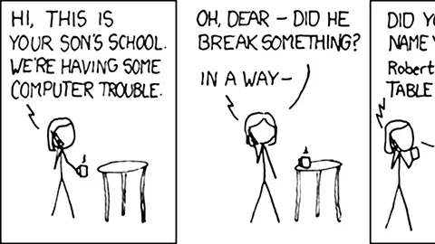 Ausschnitt aus dem xkcd-Comic »Exploits of a Mom«: Die Schule ruft eine Mutter an, weil sie Probleme mit dem Computer hat