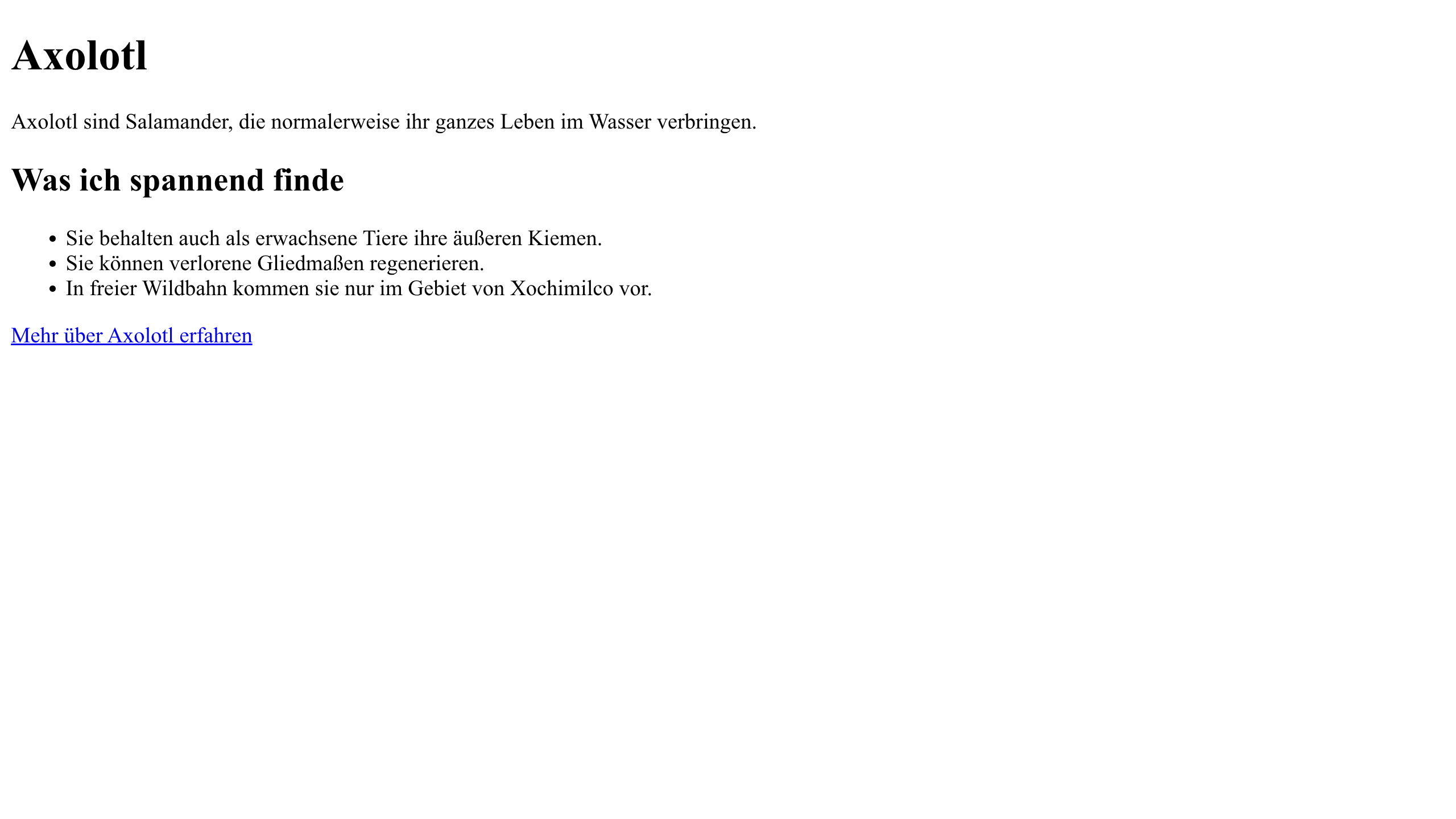 Die ungestaltete Axolotl-Webseite zeigt unter der Liste zusätzlich den Link „Mehr über Axolotl erfahren“.