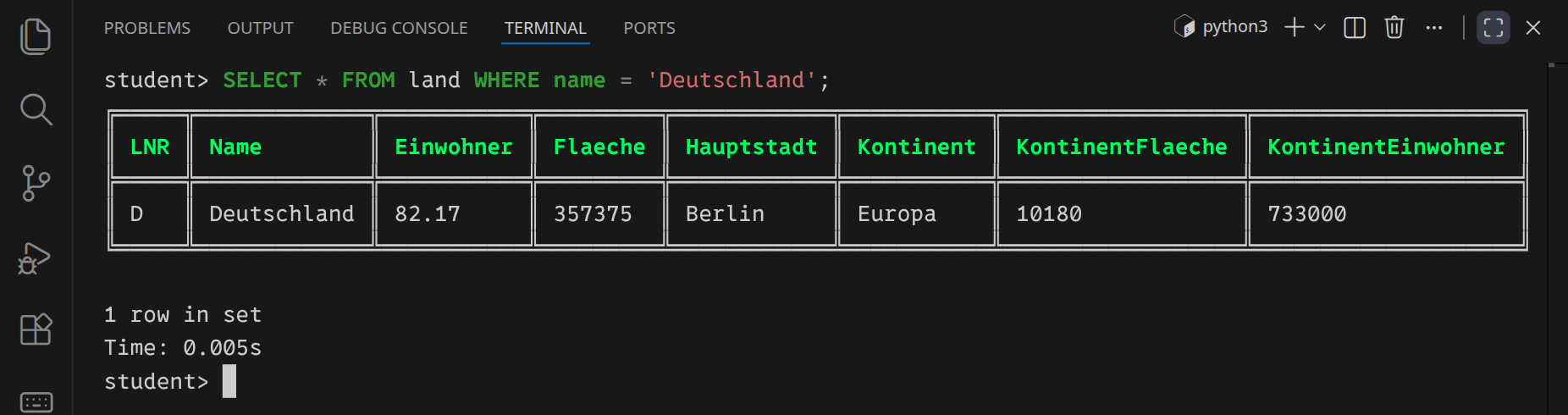 Die gefilterte Tabelle enthält nur den Datensatz für Deutschland.