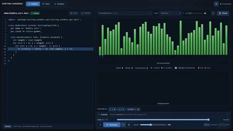 Die Sortier-Sandbox mit dem Code von Bubblesort links und den zu sortierenden Zahlen als grüne Balken rechts
