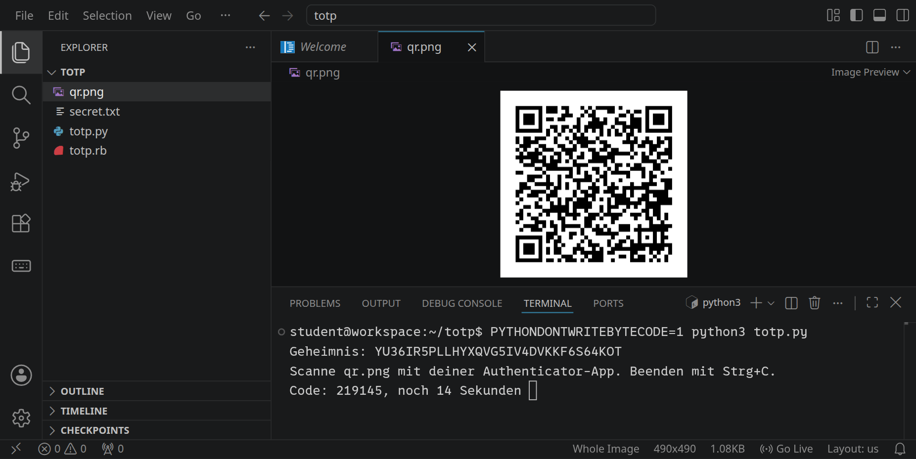 VS Code mit einem QR-Code in qr.png; im Terminal darunter zeigt totp.py den Schlüssel in Base32 und den aktuellen Code mit den Sekunden, die er noch gilt.