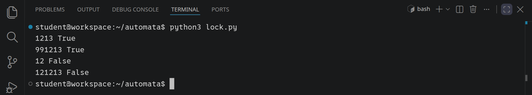 python3 lock.py gibt aus: 1213 True, 991213 True, 12 False und 121213 False.