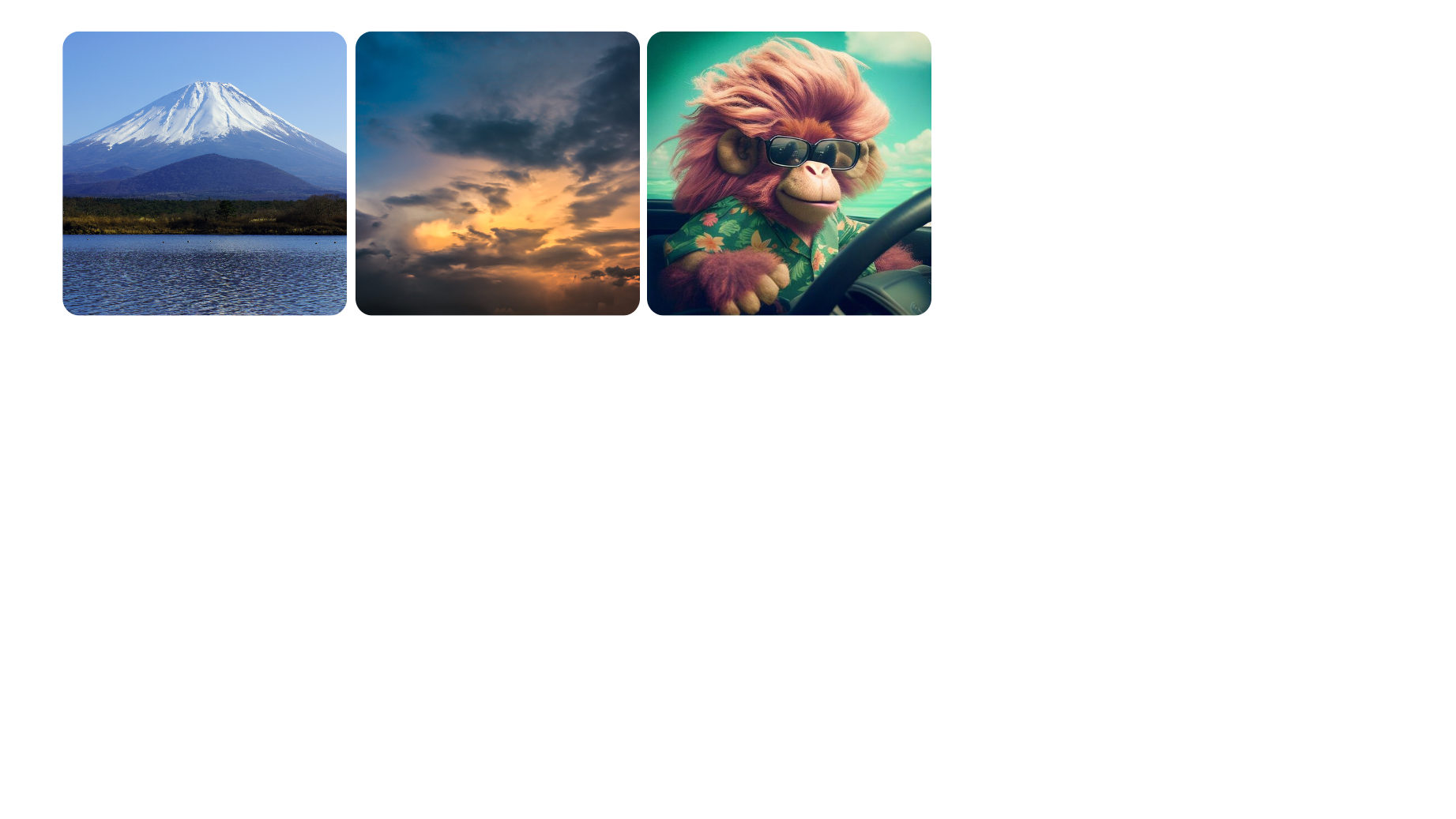 Drei quadratische Bilder mit runden Ecken nebeneinander: der Fuji, Wolken und ein Affe.