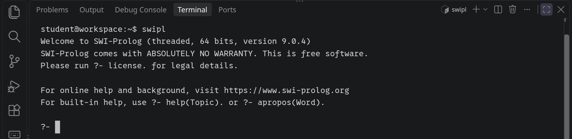 Im Terminal begrüßt SWI-Prolog mit »Welcome to SWI-Prolog« und seiner Version und wartet hinter ?- auf eine Anfrage.