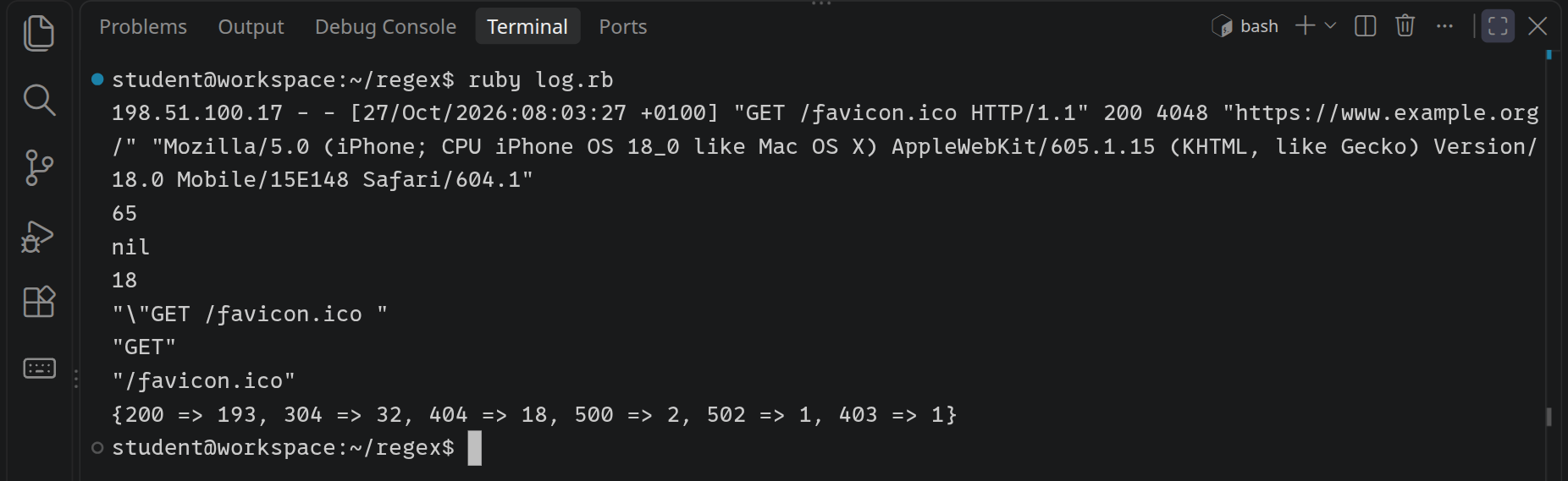 ruby log.rb gibt unter den Zeilen von vorhin den ganzen Treffer, GET und /favicon.ico aus, in der letzten Zeile 200 => 193, 304 => 32, 404 => 18, 500 => 2, 502 => 1 und 403 => 1.'></p>
<div class=