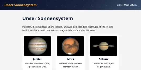 Die Startseite des Planetenlexikons »Unser Sonnensystem«: oben ein Kopf wie ein Nachthimmel mit der Navigation Jupiter, Mars und Saturn, darunter je eine Karte für die drei Planeten mit einem Foto und einem Satz über ihn