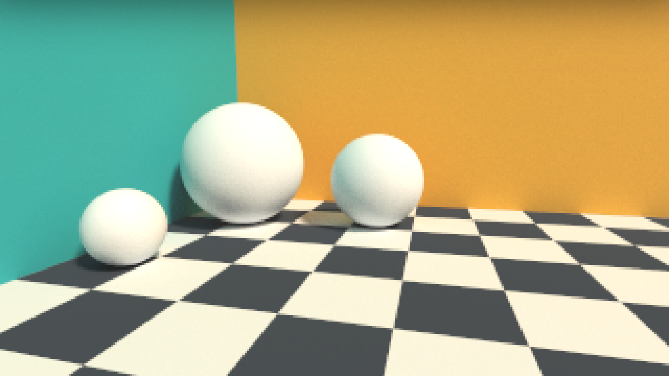 Mit Path Tracing: links eine petrolfarbene Wand, hinten eine orange, beide in der Sonne, davor drei matte weiße Kugeln auf dem Schachbrett. Die Kugeln schimmern auf der Seite zur linken Wand petrol, der Boden vor der hinteren Wand gelblich, die Schatten sind hell.