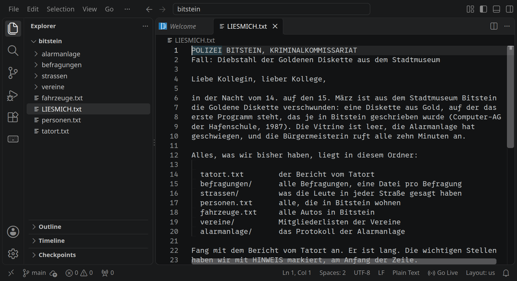 VS Code mit dem Ordner bitstein und dem Brief der Kriminalpolizei über die gestohlene Goldene Diskette