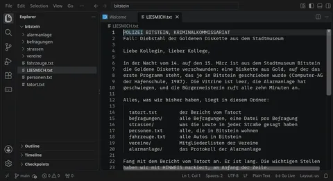 VS Code mit dem Ordner bitstein und dem Brief der Kriminalpolizei über die gestohlene Goldene Diskette