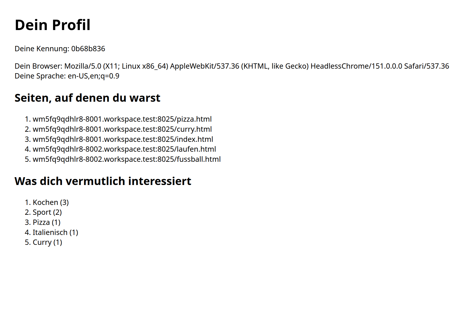 Im Browser die Seite »Dein Profil«: eine Kennung aus acht Hexziffern, Browser und Sprache, fünf gelesene Seiten von beiden Websites, darunter die Interessen mit Kochen (3) und Sport (2) ganz oben.