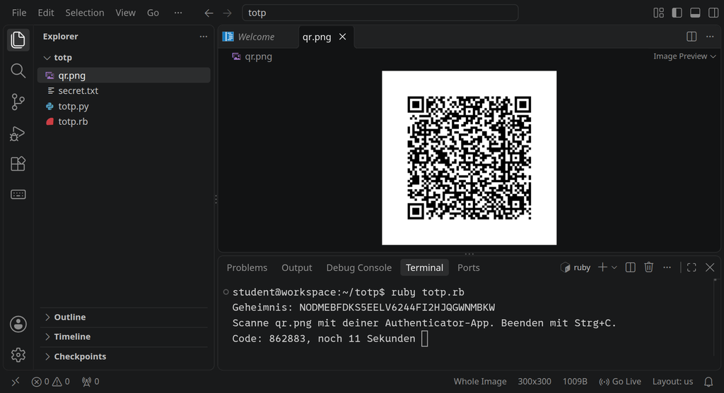 VS Code mit einem QR-Code und im Terminal einem Programm, das sechsstellige Codes wie eine Authenticator-App erzeugt