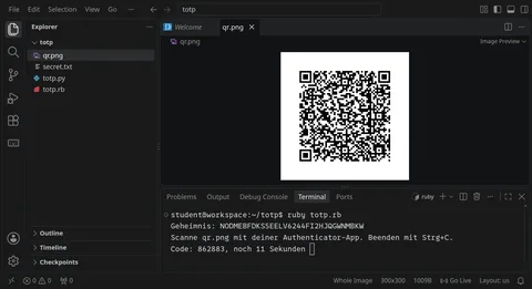 VS Code mit einem QR-Code und im Terminal einem Programm, das sechsstellige Codes wie eine Authenticator-App erzeugt