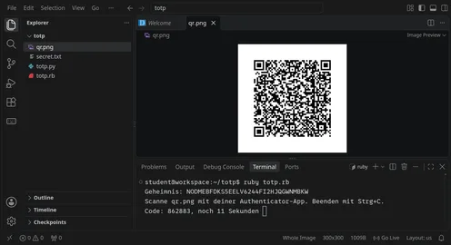 VS Code mit einem QR-Code und im Terminal einem Programm, das sechsstellige Codes wie eine Authenticator-App erzeugt