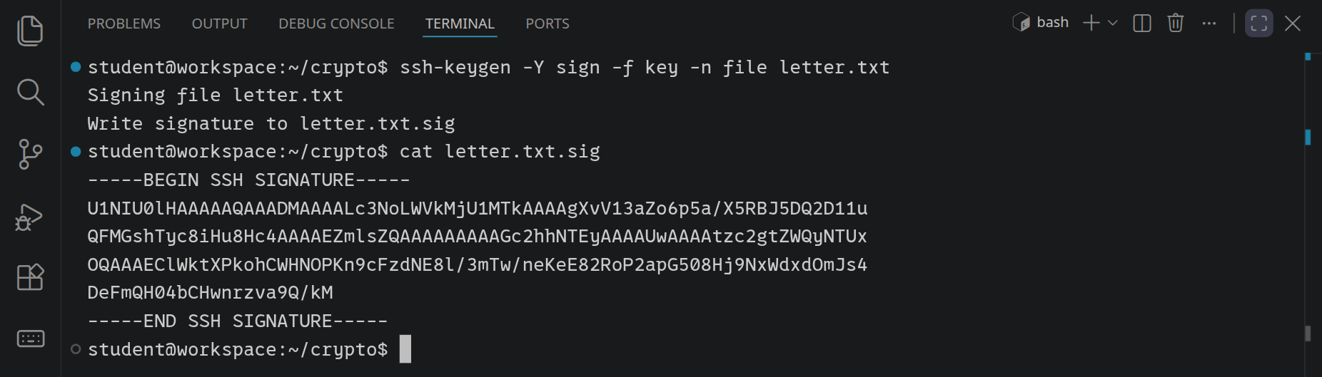 ssh-keygen -Y sign meldet »Signing file letter.txt« und »Write signature to letter.txt.sig«; cat zeigt die Unterschrift zwischen BEGIN SSH SIGNATURE und END SSH SIGNATURE.