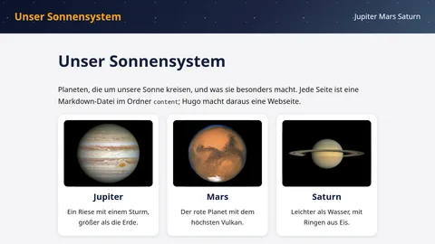 Die Startseite des Planetenlexikons »Unser Sonnensystem«: oben ein Kopf wie ein Nachthimmel mit der Navigation Jupiter, Mars und Saturn, darunter je eine Karte für die drei Planeten mit einem Foto und einem Satz über ihn