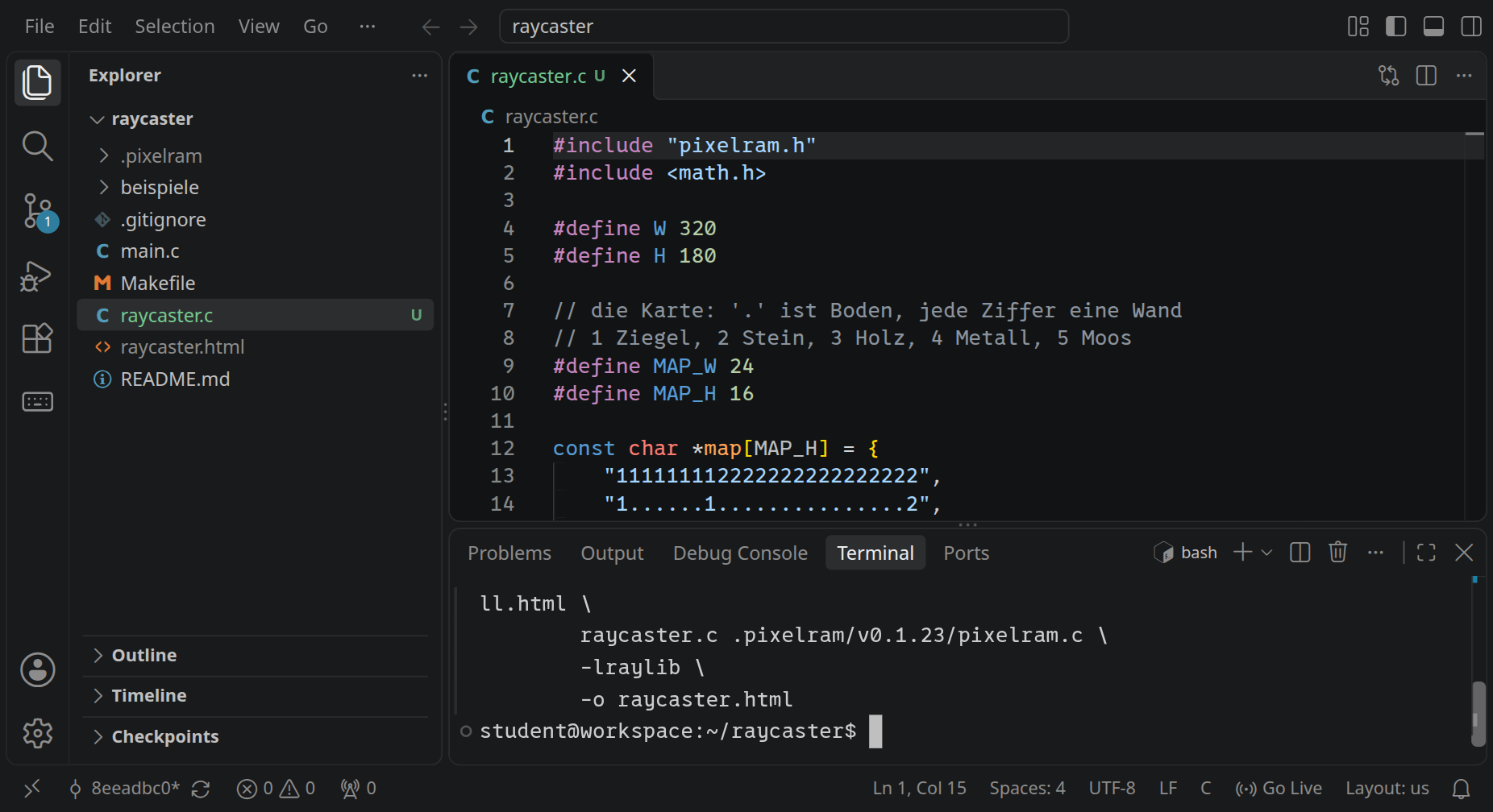 Der Workspace mit dem Ordner raycaster: links die Dateien, oben raycaster.c im Editor, unten im Terminal hat make die Datei raycaster.html erzeugt.