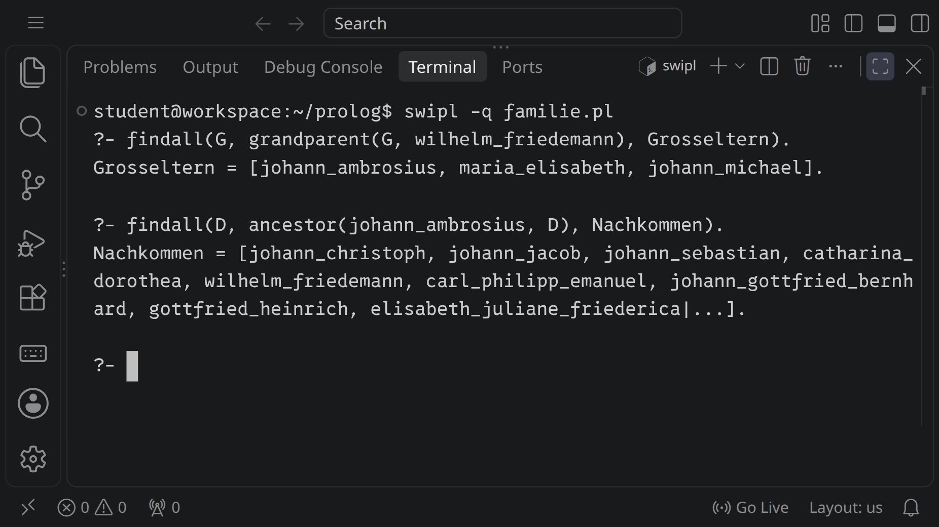 Der Workspace mit dem Terminal in großer Schrift, in dem SWI-Prolog läuft: Die Anfrage nach den Großeltern von Wilhelm Friedemann gibt johann_ambrosius, maria_elisabeth und johann_michael, die nach allen Nachkommen von Johann Ambrosius eine lange Liste von Namen, von johann_christoph bis elisabeth_juliane_friederica, die Prolog dann mit |... abkürzt.