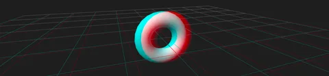 Ein rot-cyan gezeichneter Ring über einem Gitter, zum Ansehen mit einer 3D-Brille