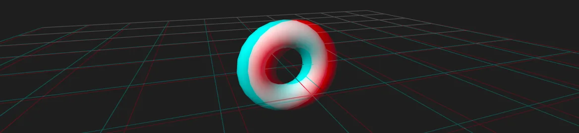 Ein rot-cyan gezeichneter Ring über einem Gitter, zum Ansehen mit einer 3D-Brille