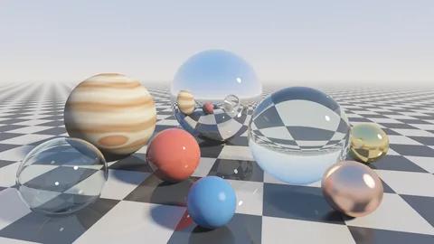Ein gerendertes Bild: ein gestreifter Planet, eine Spiegelkugel, eine volle und eine hohle Glaskugel, glänzende bunte Kugeln und Kugeln aus Gold und Kupfer auf einem Schachbrett unter hellem Himmel, mit weichen Schatten