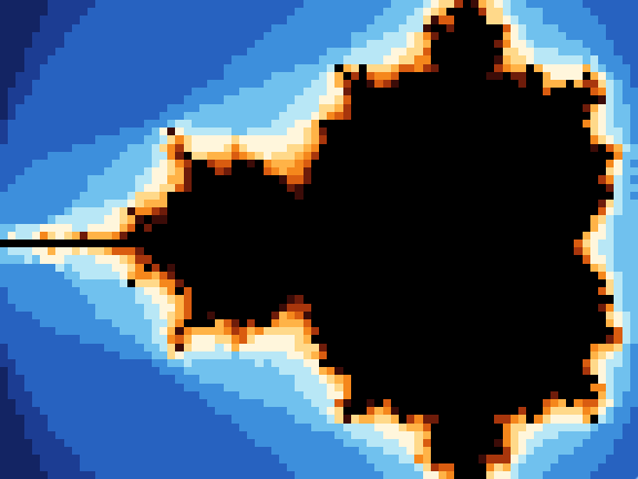 Die Mandelbrot-Menge in Schwarz vor blauen Farbstufen mit hellem Rand.