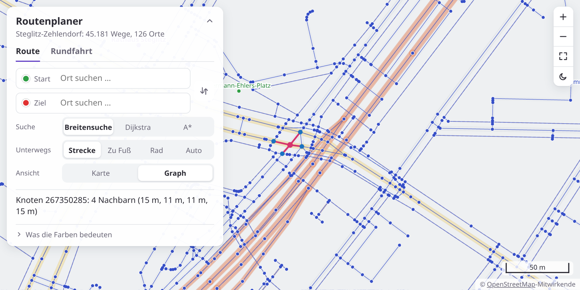 Der Graph über der blassen Karte, nah herangezoomt an der Kreuzung Kuhligkshofstraße und Albrechtstraße: die Knoten als blaue Punkte, die Kanten als blaue Linien. Der angeklickte Knoten ist pink, seine vier Nachbarn sind mit pinken Linien verbunden; oben links steht, dass er 4 Nachbarn hat und wie weit sie entfernt sind.