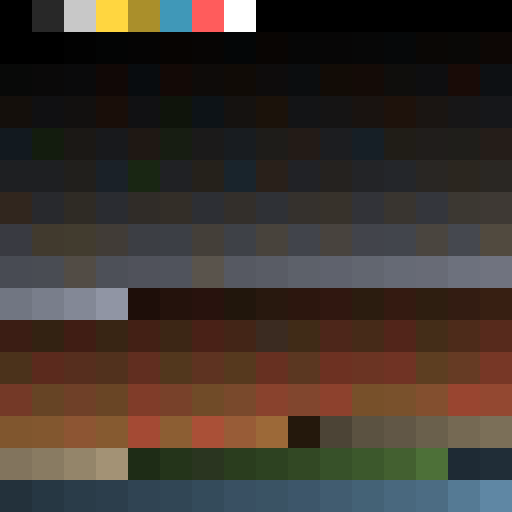 256 Farbfelder in 16 Zeilen: oben schwarz, Grau, Gelb, Blau, Rot und Weiß für die Karte, dann sehr viele fast schwarze Farben, Grautöne, Rot- und Brauntöne, Grün und Blau, jeweils von dunkel nach hell.