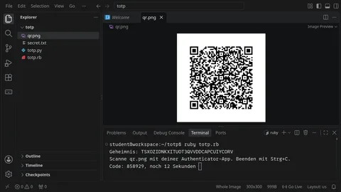 VS Code mit einem QR-Code und im Terminal einem Programm, das sechsstellige Codes wie eine Authenticator-App erzeugt