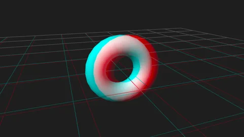 Ein rot-cyan gezeichneter Ring über einem Gitter, zum Ansehen mit einer 3D-Brille