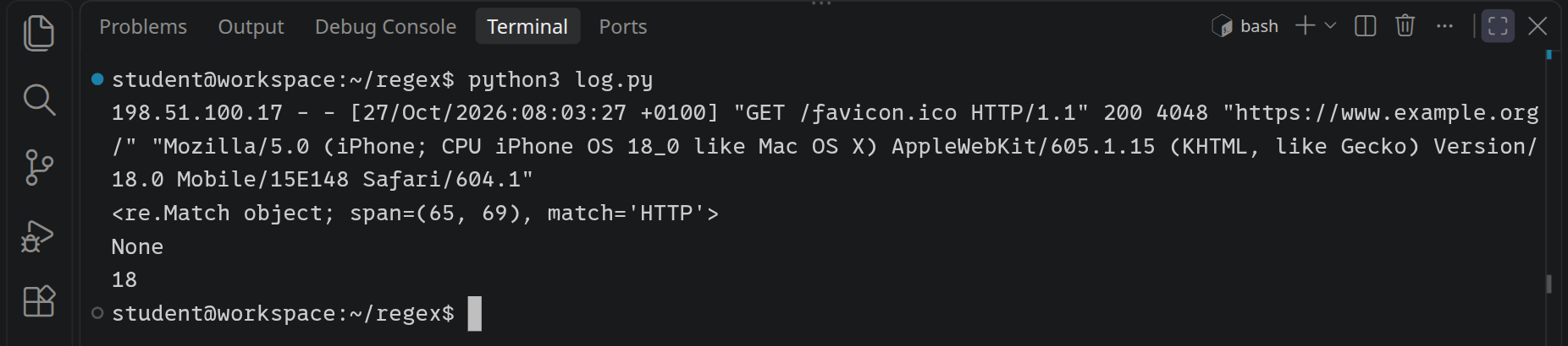 python3 log.py gibt die Zeile mit /favicon.ico aus, darunter ein Match-Objekt mit span=(65, 69) und match=HTTP, dann None und 18.