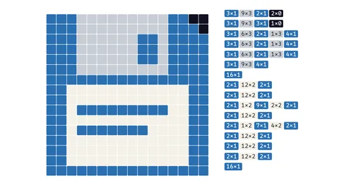 Eine Diskette als Pixelbild in Blau und Grau, daneben jede Zeile als Lauflängen wie 3×1 und 9×3