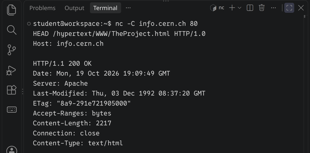 Ein Terminal, in dem nc eine HTTP-Anfrage an info.cern.ch schickt, darunter die Antwort des Servers