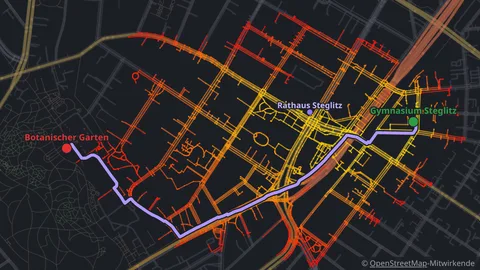 Ein Stadtplan von Steglitz mit farbigen Straßen und einer Route vom Botanischen Garten zum Gymnasium Steglitz