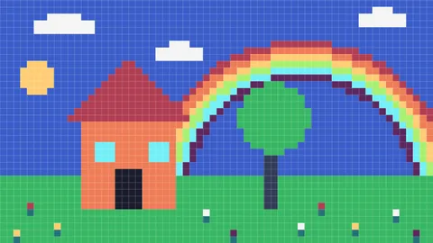Ein Pixelbild auf einem Raster: ein Haus mit rotem Dach, ein Baum, ein Regenbogen, Sonne und Wolken