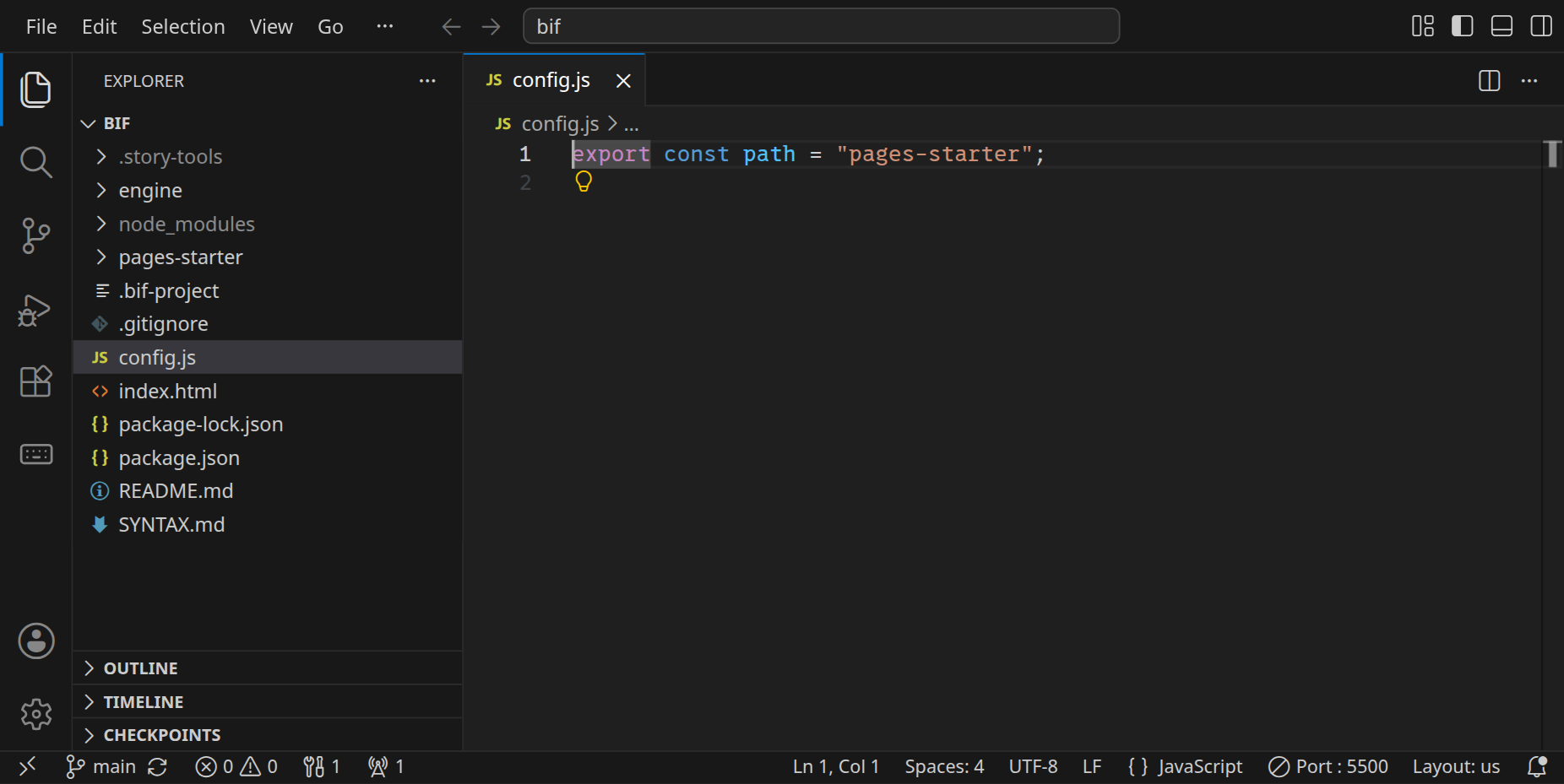 Im Explorer liegen der Ordner pages-starter und die Datei config.js; in config.js steht export const path = "pages-starter";