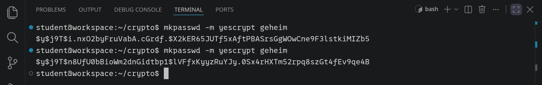 Zweimal mkpasswd -m yescrypt geheim mit zwei völlig verschiedenen Ergebnissen; beide beginnen mit $y$j9T$, danach unterscheiden sie sich.