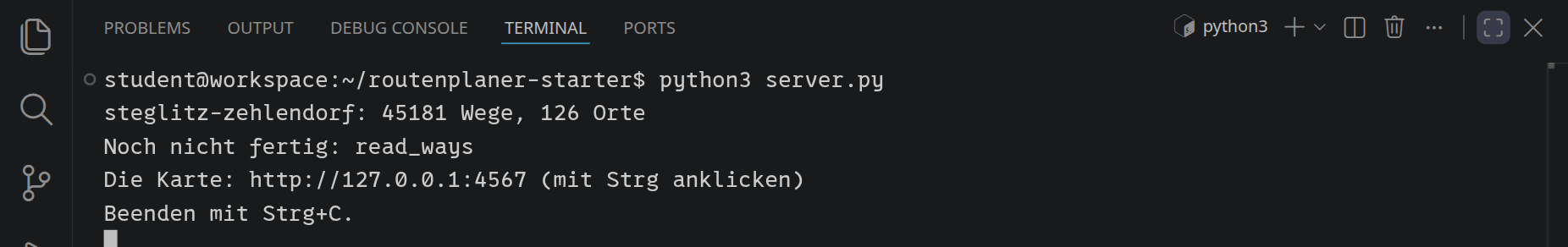 Im Terminal läuft server.py: steglitz-zehlendorf: 45181 Wege, 126 Orte, »Noch nicht fertig: read_ways« und die Adresse der Karte zum Anklicken.