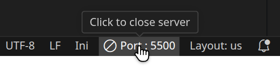 Statt »Go Live« steht unten rechts »Port : 5500«; der Tooltip sagt »Click to close server«.