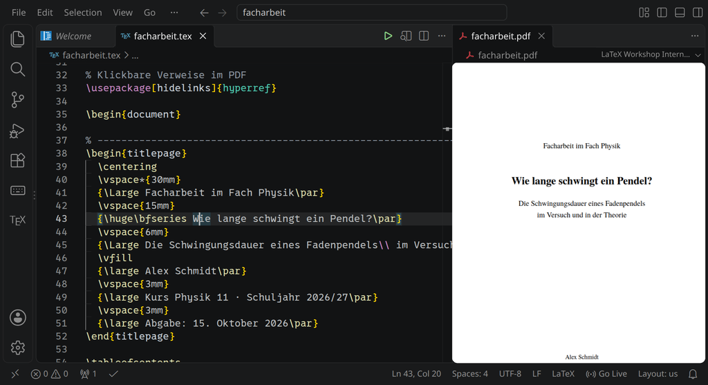 VS Code mit dem LaTeX-Quelltext einer Facharbeit links und dem fertigen Titelblatt als PDF rechts