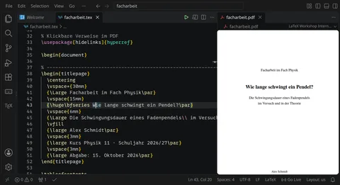 VS Code mit dem LaTeX-Quelltext einer Facharbeit links und dem fertigen Titelblatt als PDF rechts