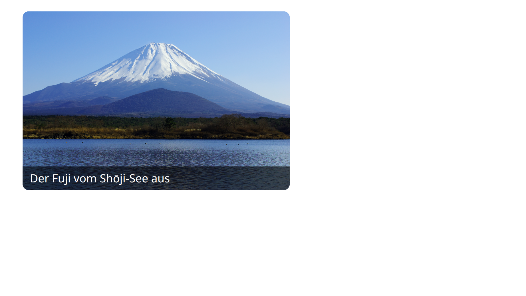 Auf dem unteren Rand des Fuji-Fotos liegt ein halbdurchsichtiger dunkler Streifen mit weißer Beschriftung.