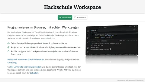 Die Startseite des Workspace mit einem kurzen Text, daneben VS Code mit einem kleinen Python-Programm im Terminal