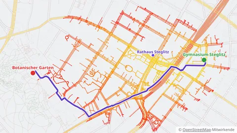 Ein Stadtplan von Steglitz mit farbigen Straßen und einer Route vom Botanischen Garten zum Gymnasium Steglitz