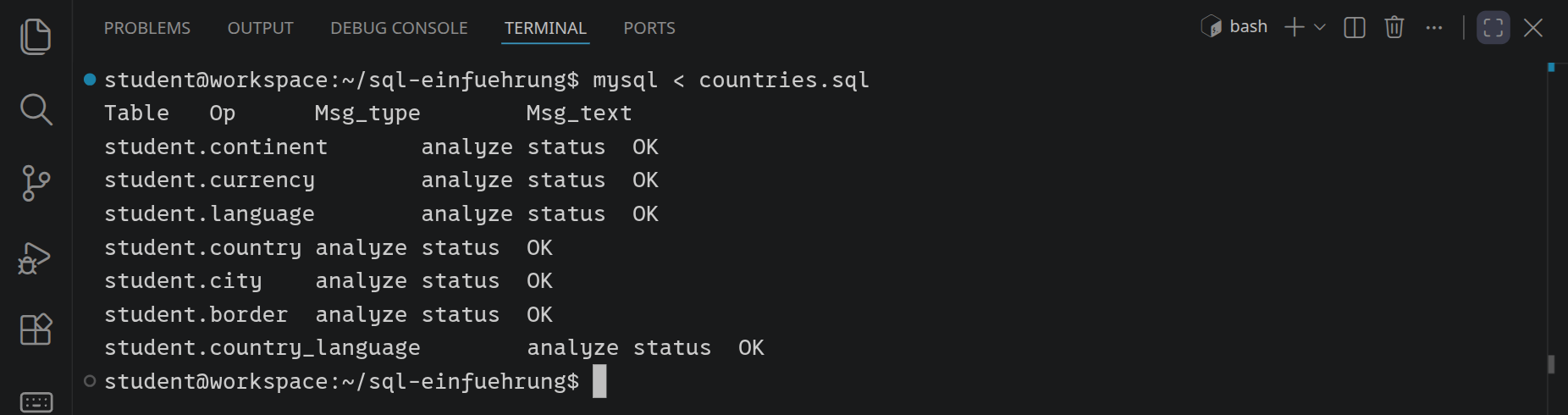 Das Terminal nach dem Import der ganzen Fassung: sieben Zeilen, eine für jede Tabelle, jede mit dem Status OK.