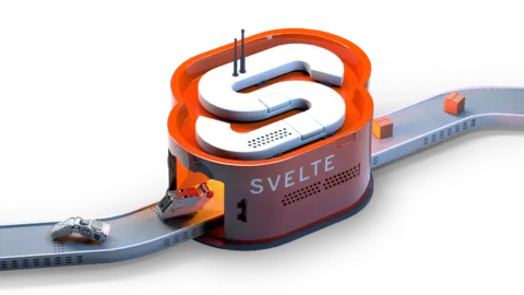 Das Svelte-Logo als futuristisches Gebäude, durch das eine Fahrbahn mit kleinen Autos führt