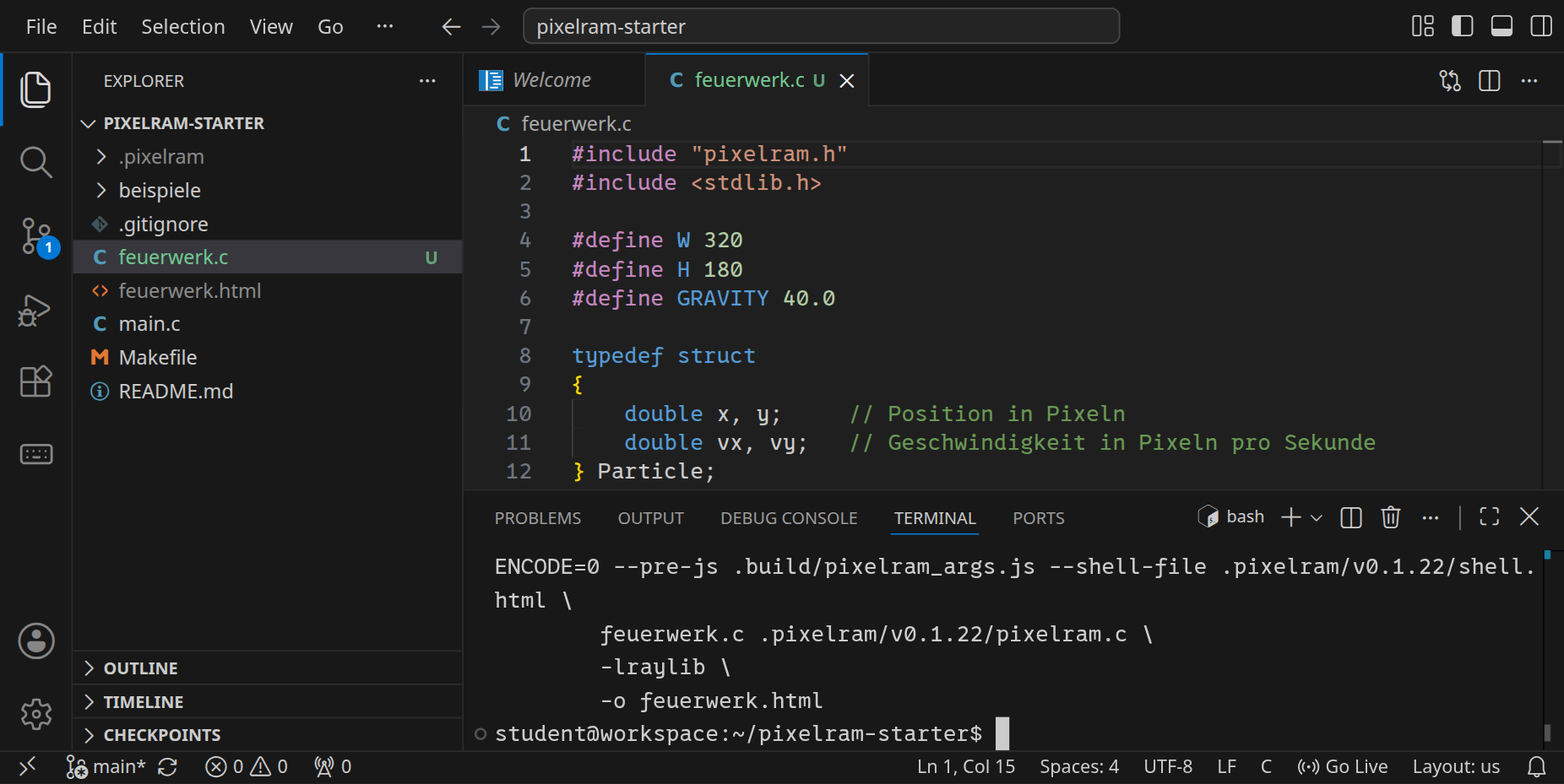 Der Workspace mit feuerwerk.c im Editor; im Terminal darunter hat make PROGRAM=feuerwerk die Datei feuerwerk.html erzeugt.